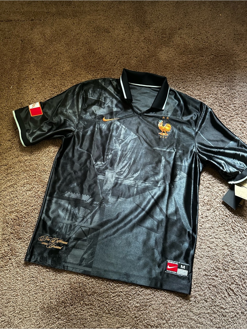 Nike Men's Black France Football Jersey with Gold Crest Accents